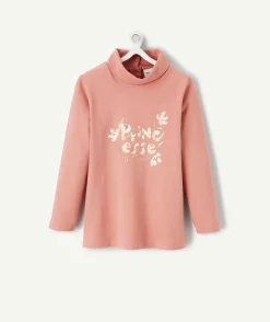Sous-pull bébé fille col roulé en coton bio rose et message pailleté