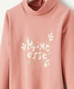 Sous-pull bébé fille col roulé en coton bio rose et message pailleté