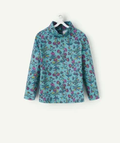 Sous-pull bébé fille en coton bio bleu imprimé fleuri