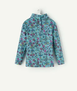 Sous-pull bébé fille en coton bio bleu imprimé fleuri
