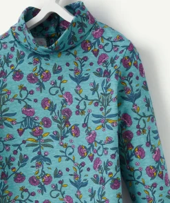 Sous-pull bébé fille en coton bio bleu imprimé fleuri