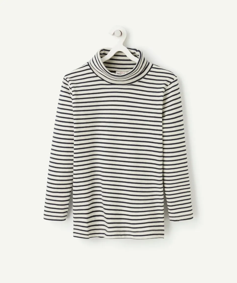 Sous-pull manches longues garçon en coton biologique à rayures gris et bleu