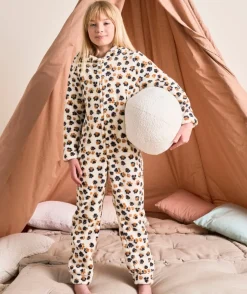 Suprpyjama polaire fille écru avec son imprimé pattes de léopard