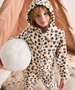Suprpyjama polaire fille écru avec son imprimé pattes de léopard