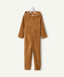 Surpyjama chaud effet velours garçon marron à capuche noël