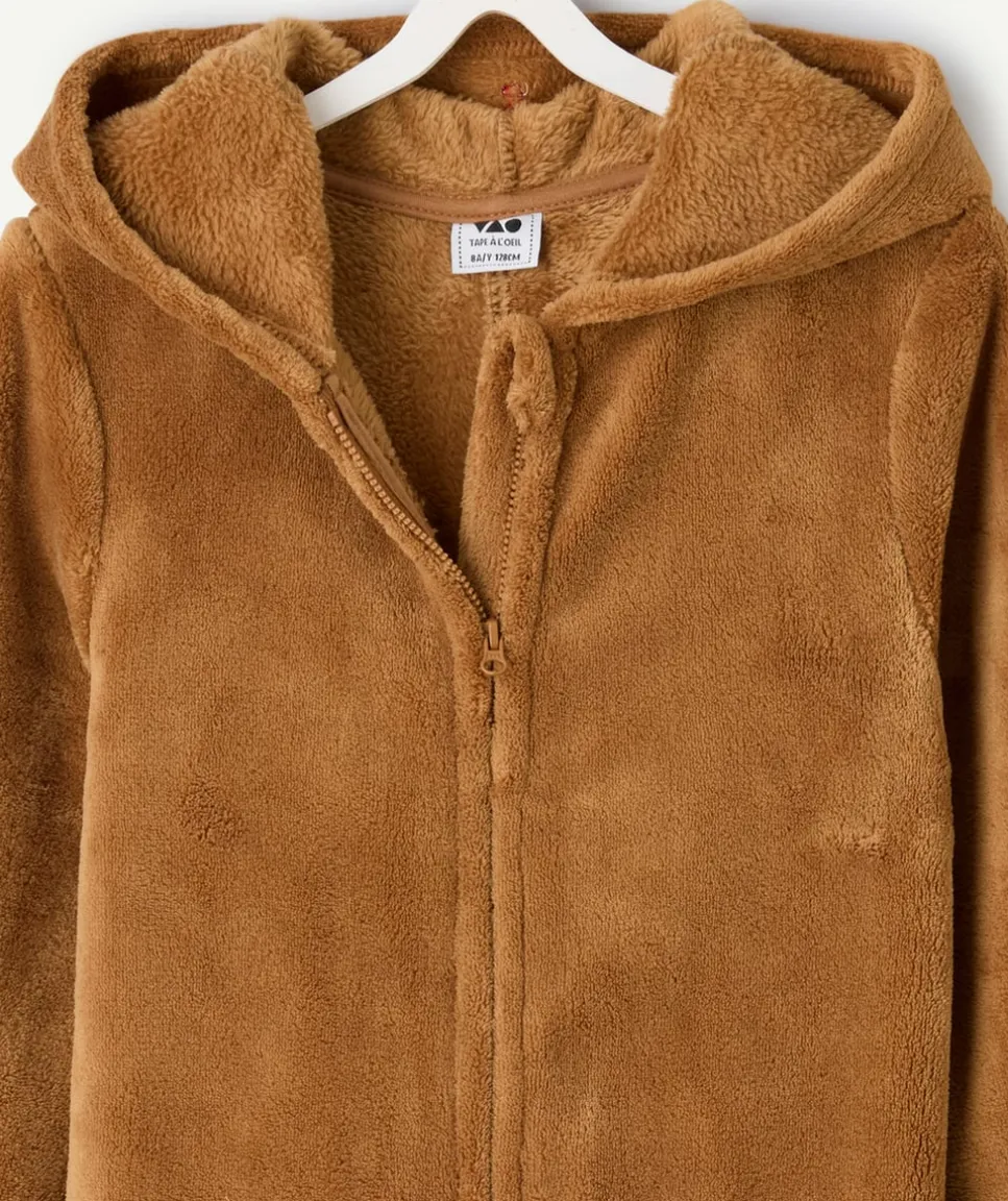 Surpyjama chaud effet velours garçon marron à capuche noël