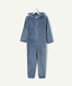 Surpyjama chaud effet velours garçon bleu à capuche