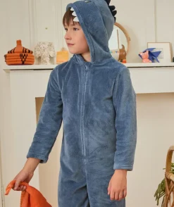 Surpyjama chaud effet velours garçon bleu à capuche
