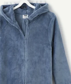 Surpyjama chaud effet velours garçon bleu à capuche