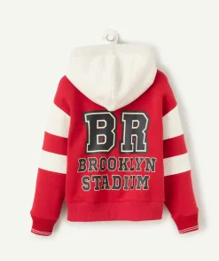 Sweat à capuche garçon en fibres recyclées rouge et gris chiné avec patch en bouclette