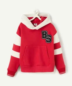 Sweat à capuche garçon en fibres recyclées rouge et gris chiné avec patch en bouclette