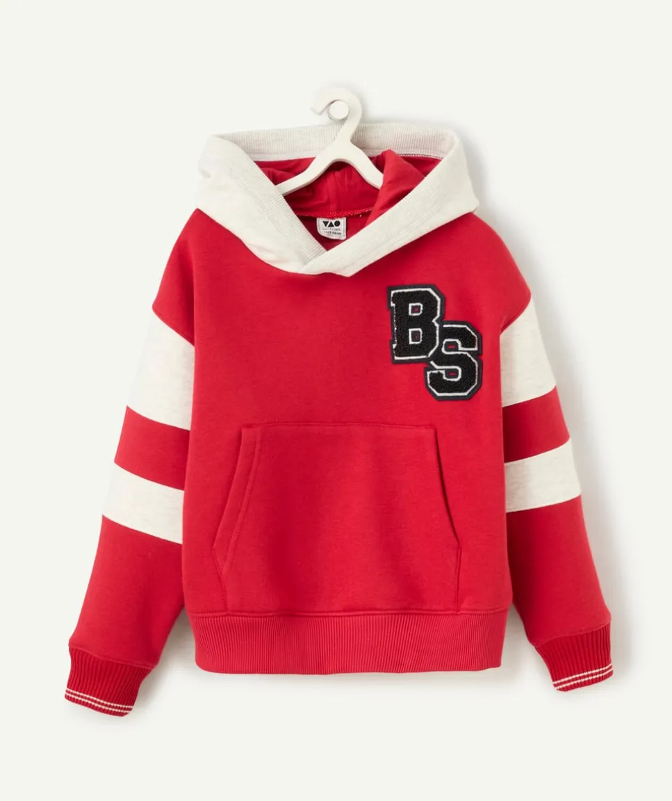 Sweat à capuche garçon en fibres recyclées rouge et gris chiné avec patch en bouclette