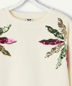 Sweat fille écru avec sequins
