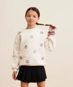 Sweat fille droit écru sequins