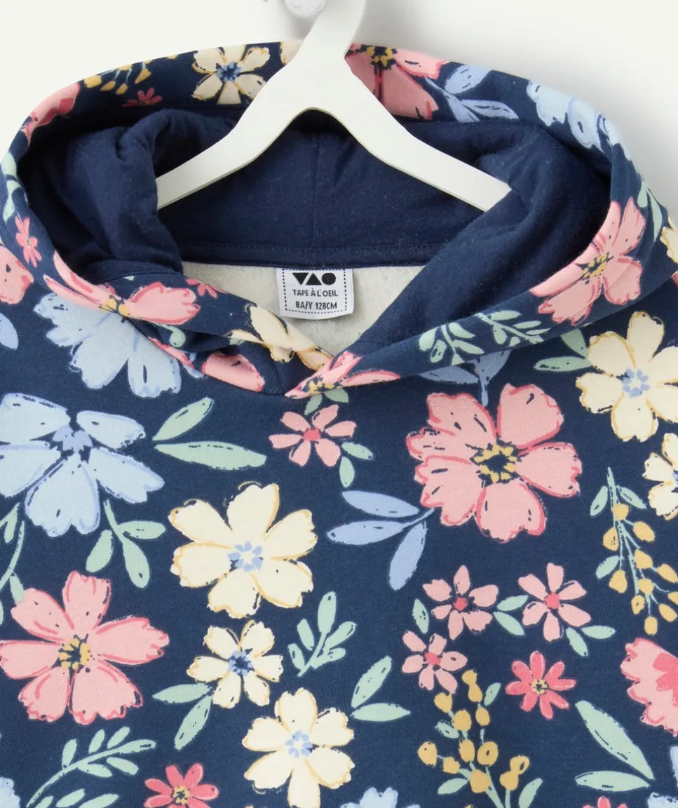 Sweat fille droit marine fleuri