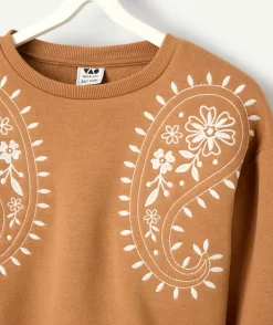 Sweat fille marron avec broderies blanches
