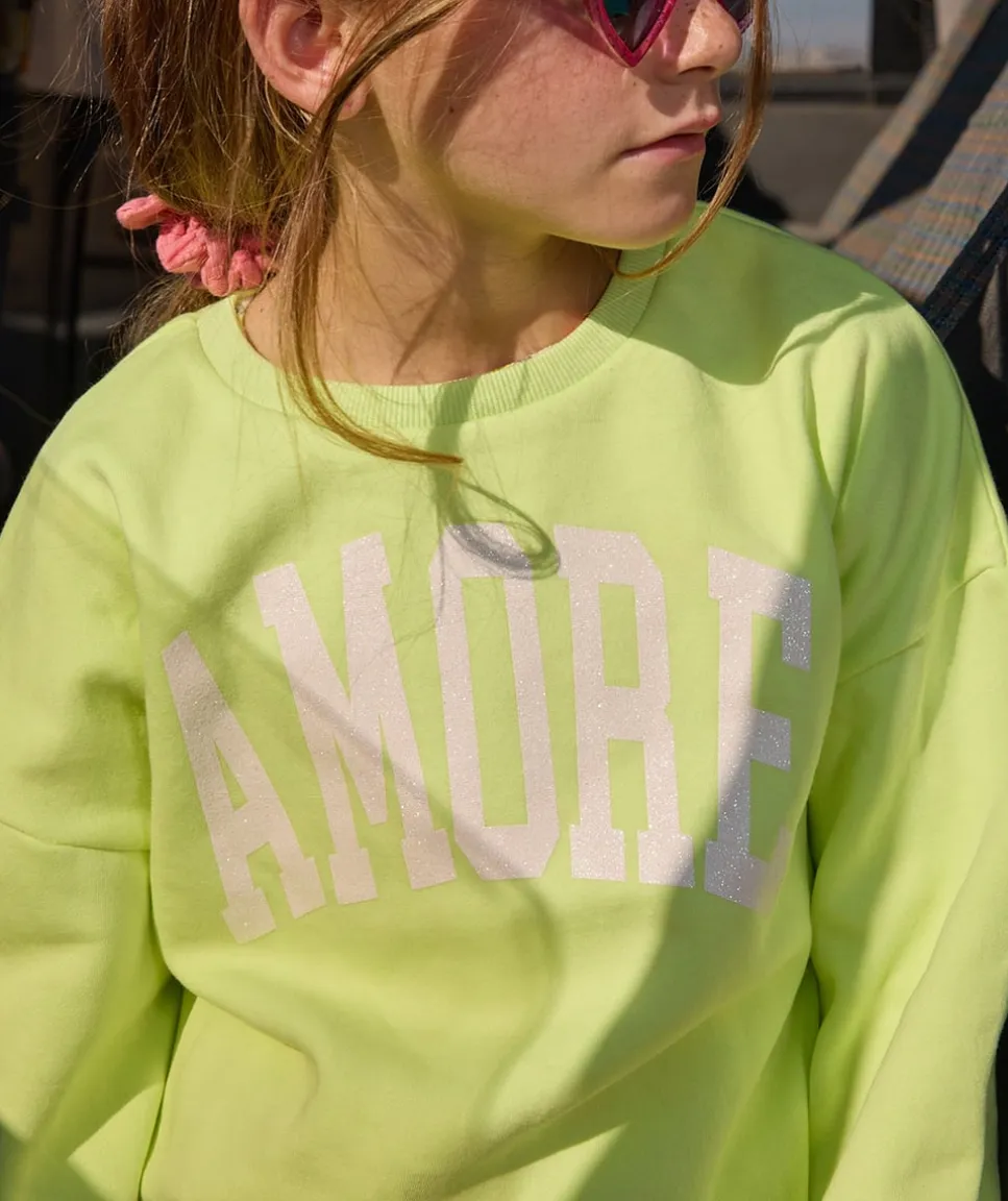 Sweat fille vert fluo avec motif 'amore'