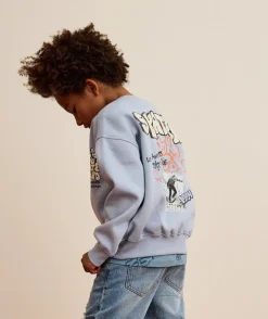 Sweat garçon bleu imprimé skateur