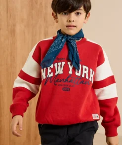 Sweat garçon colorblock rouge et blanc imprimé