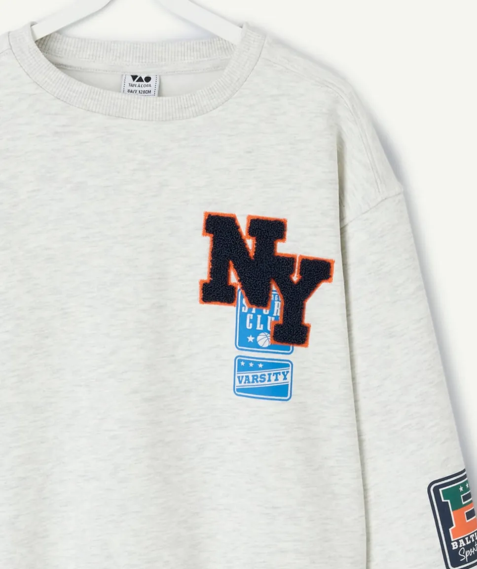 Sweat garçon gris imprimé patchs coupe droite