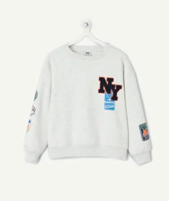 Sweat garçon gris imprimé patchs coupe droite