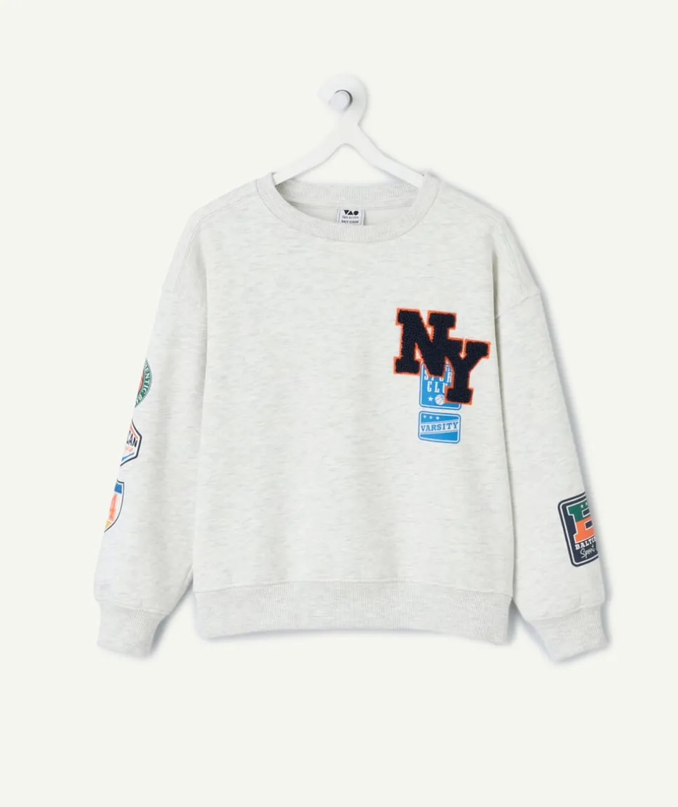 Sweat garçon gris imprimé patchs coupe droite