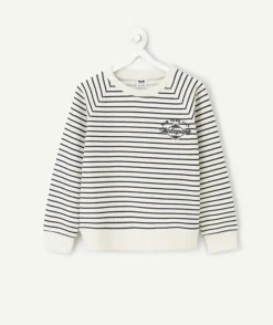 Sweat garçon rayé coton imprimé écru
