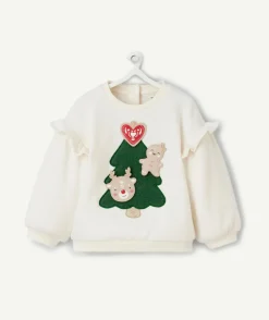 Sweat manches longues bébé fille en fibres recyclées écru avec animation sapin
