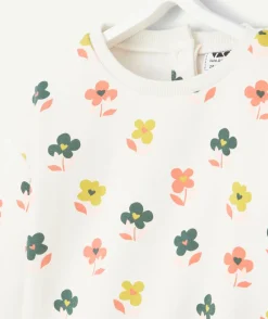 Sweat manches longues bébé fille en fibres recyclées écru imprimé fleurs