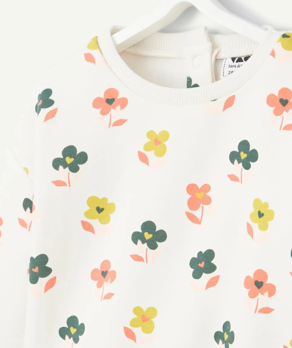 Sweat manches longues bébé fille en fibres recyclées écru imprimé fleurs