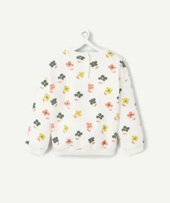 Sweat manches longues bébé fille en fibres recyclées écru imprimé fleurs
