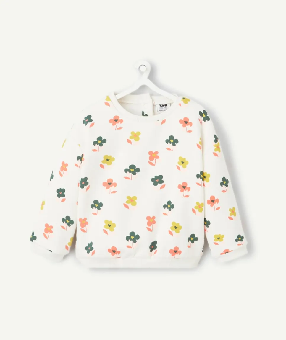 Sweat manches longues bébé fille en fibres recyclées écru imprimé fleurs