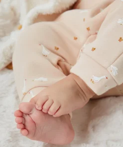 Sweat pressionné naissance en fibres recyclées rose poudré imprimé oies