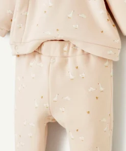 Sweat pressionné naissance en fibres recyclées rose poudré imprimé oies