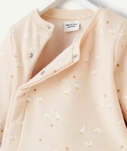 Sweat pressionné naissance en fibres recyclées rose poudré imprimé oies
