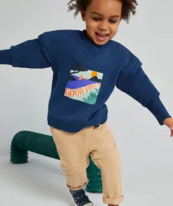 Sweat évolutif bleu marine en fibres recyclées avec floquage plage