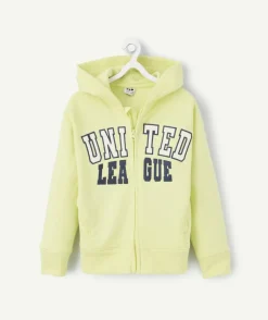 Sweat zippée à capuche garçon en coton bio jaune acide