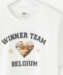 Tee-shirt fille blanc message sequins coupe du monde belgique