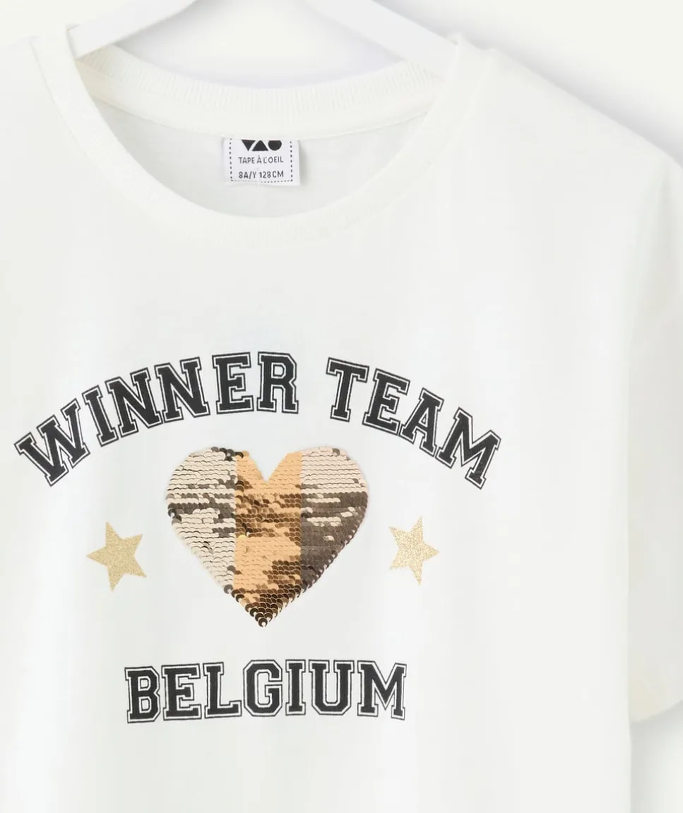 Tee-shirt fille blanc message sequins coupe du monde belgique