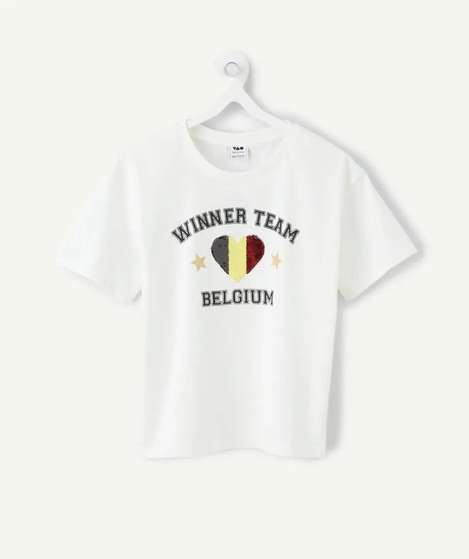 Tee-shirt fille blanc message sequins coupe du monde belgique