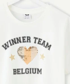 Tee-shirt fille blanc message sequins coupe du monde belgique