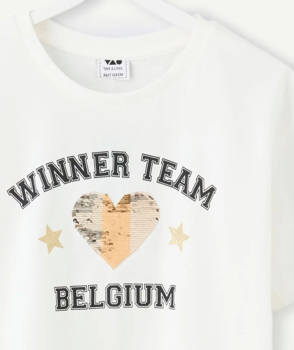 Tee-shirt fille blanc message sequins coupe du monde belgique
