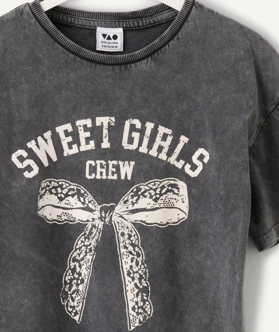 Tee-shirt fille gris imprimé nœud