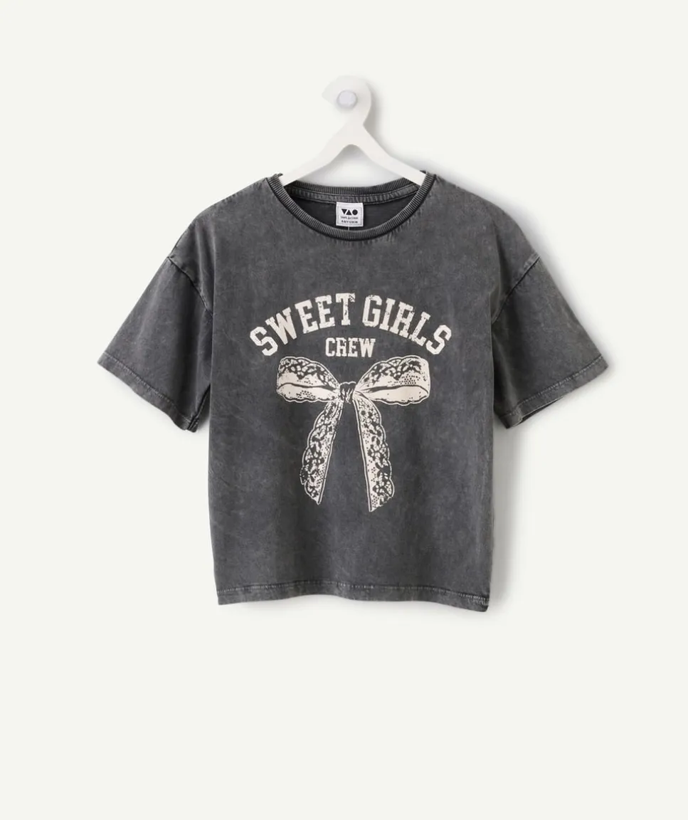 Tee-shirt fille gris imprimé nœud