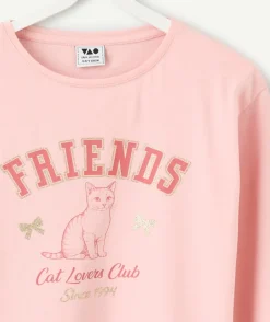 Tee-shirt fille rose imprimé chat