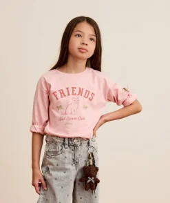 Tee-shirt fille rose imprimé chat