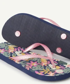 Tongs fille imprimé floral bleu marine