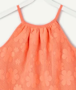 Top fille broderie couleur corail