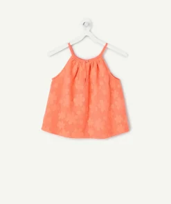 Top fille broderie couleur corail
