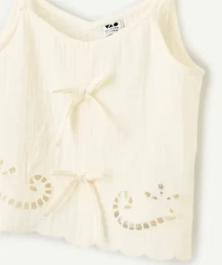 Top fille coton blanc broderie ajourée